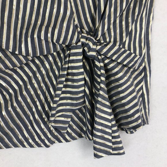 Eva Franco Women's Size 6 Blue White Gold Lurex Striped Tie Front Blouse - Picture 4 of 11